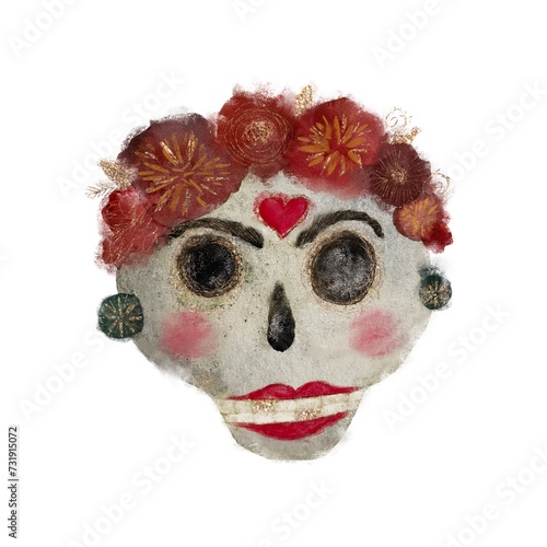 Fototapeta Naklejka Na Ścianę i Meble -  Mexican traditional female skull, hand drawn watercolor object isolated