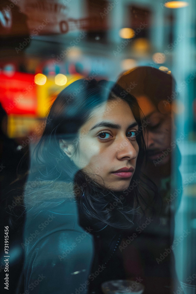 Hispanic woman looking through the glass of a coffee shop Hispanic woman looking through the glass of a coffee shop