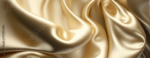 Luxury, Smooth Material Banner. Gold Glistening Fabric Background with Ripples and Folds. Generative AI. photo