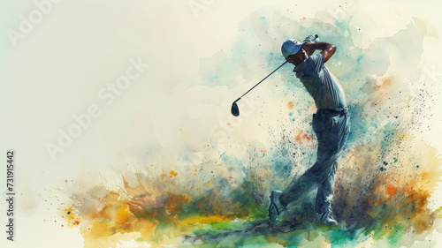 Pro golfer showcases precision and power, swinging a 3 wood with poise on a vibrant fairway. Dynamic athleticism captured amidst colored washes, epitomizing the thrill of the game