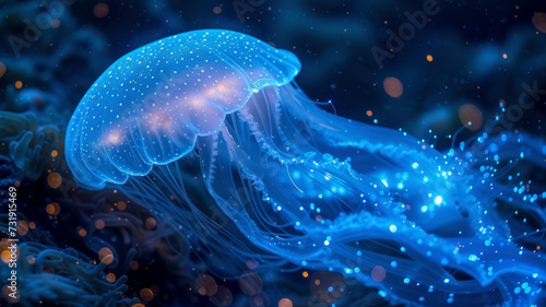 Bioluminescent ballet of jelly fish illuminate the ocean depths in a dazzling dance of light, revealing the hidden magic beneath the waves © David
