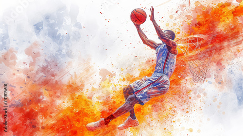 Basketball. High-flyer in dynamic illustration as a basketball player lines up the shot, capturing the adrenaline of a powerful slam photo