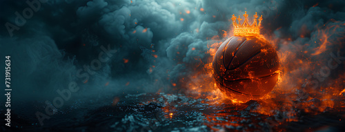 a basketball with a crown on top against a dark, smoky background photo