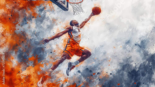 Basketball. High-flyer slam dunk in dynamic illustration as a basketball player soars in mid-air, capturing the adrenaline of a powerful slam © David