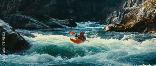 Adventurer conquers turbulent river, kayak slicing through the wild waters © Ai Studio