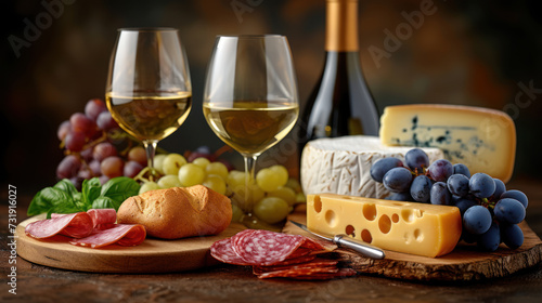 Wine, cheese, salami and bread on a wooden table.