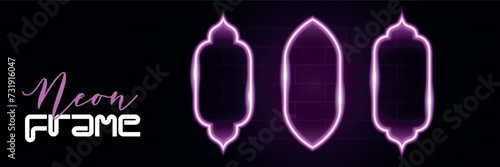 A set of template frames made of pink neon in oriental, cyberpunk, retro styles. The silhouette of the gates and windows of the mosque. Vector design