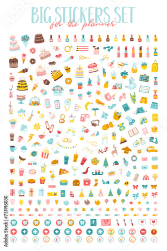 Planner stickers. Big set of funny illustrations in hand-drawn cartoon style. Ideal for girls calendar, for annual daily planning. Holidays, medicine, travel, beauty. Vector isolates