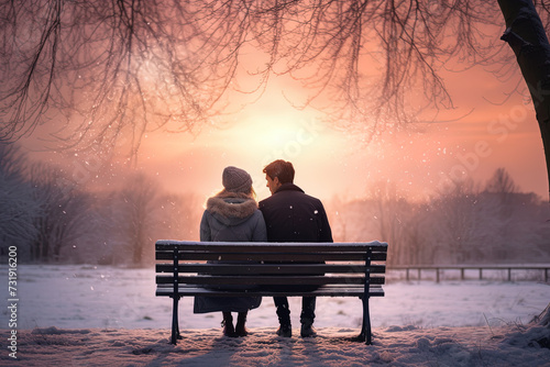 Verliebtes Paar sitzt auf einer Bank im Winter