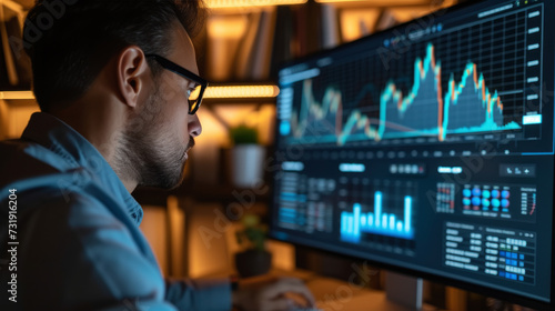 A financial analyst meticulously reviews economic models on a computer, with graphs predicting growth and books on theory and analysis in the background, reflecting deep research.