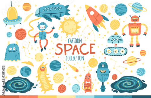 Space vector set. Galaxy, planets, robots and aliens. A childish collection of hand-drawn cartoon objects in a simple Scandinavian style. Colorful isolated on a white background