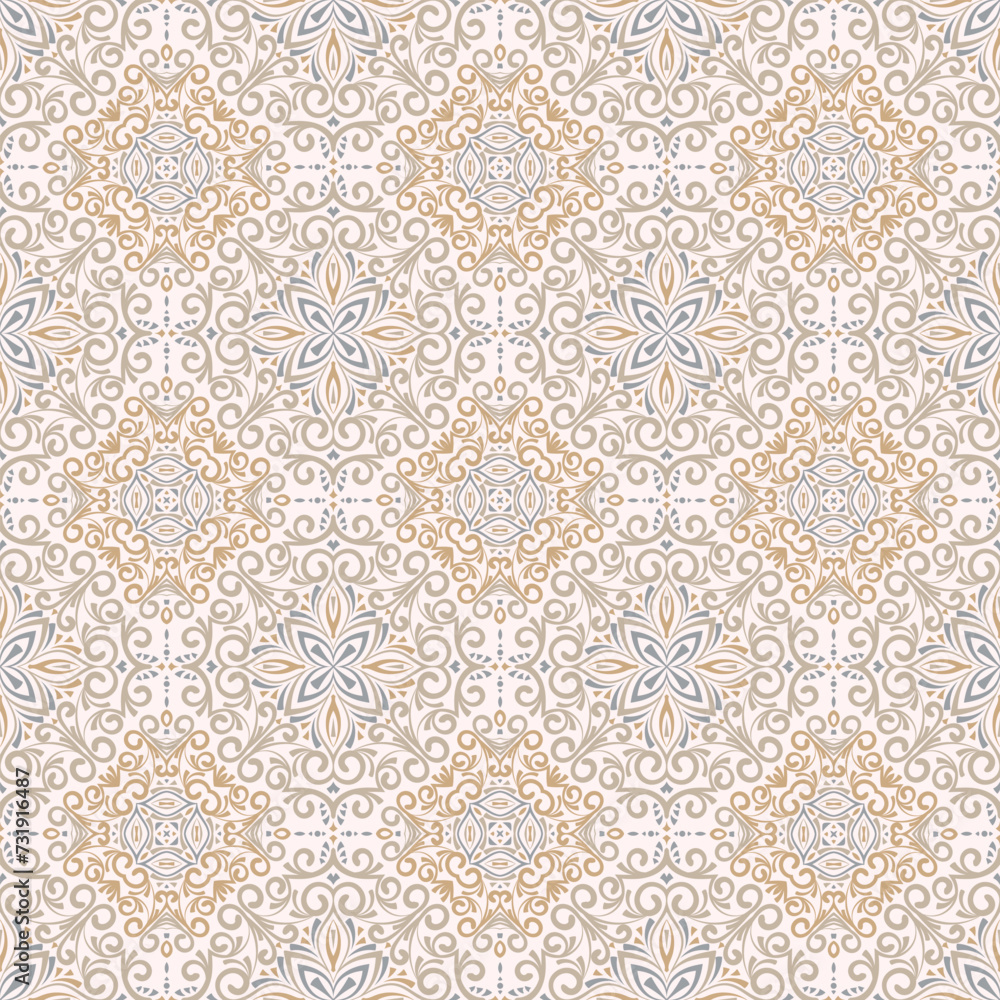 Abstract seamless turkish pattern with ornaments in retro colors. Silk scarf from mandalas. Vector Background for ceramic tile, wallpaper, linoleum, textile, rug, web page