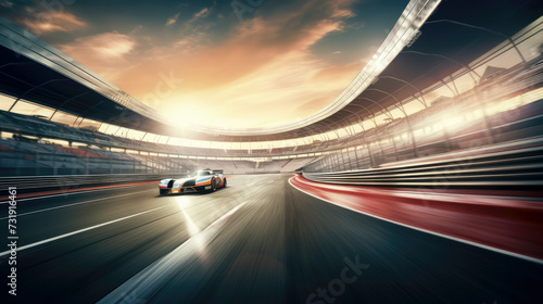 Blurred racing car travelling through grandstand section of race track. A dynamic composition depicting the excitement and energy of motorsport