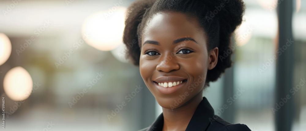 Obraz premium Young professional's smile beams, her success resonating in the urban morning