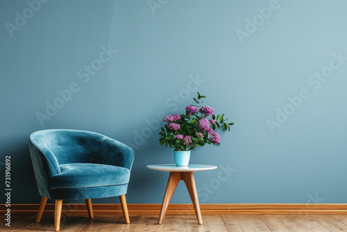 Modern cozy armchair interior design home living room or color wall furniture decor. Stylish trendy minimal chair and table with house decoration luxury contemporary background. Furniture store ads .