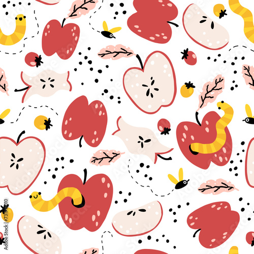 Fototapeta Naklejka Na Ścianę i Meble -  Organic waste. Seamless pattern with worms, flies, fruits, berries. Natural colorful composting in a simple cartoon hand-drawn background. Funny illustration