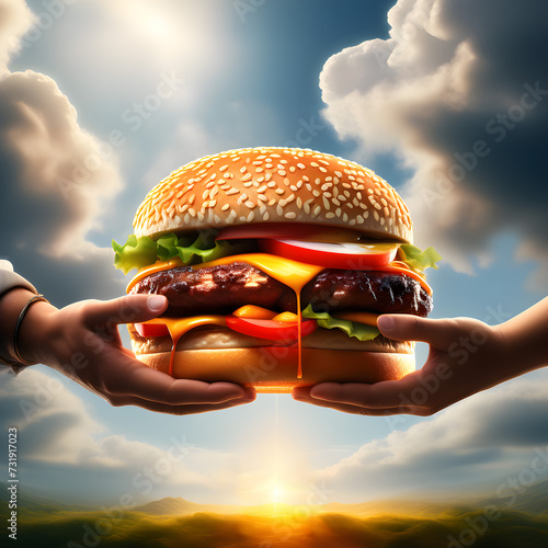 Dos manos teniendo una deliciosa hamburguesa con queso cheddar, papas fritas con cielo de fondo. 