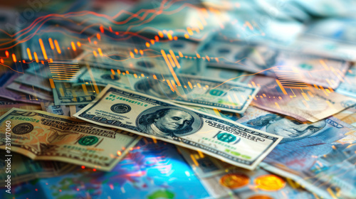 Explore the intricate world of global finance through a close-up of various currencies, overlaid with graphs showing tax rates and economic indicators, symbolizing international taxation complexity.