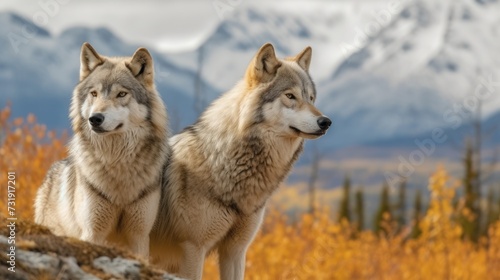 the wolf is standing with the mountain in the background