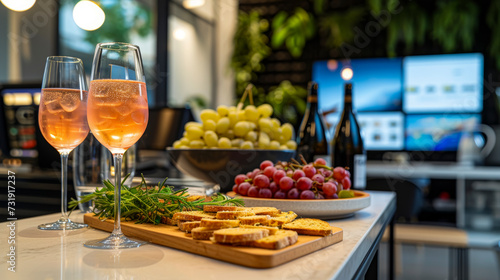 A variety of cheese snacks and wine on the table  a computer monitor with an electronic menu is visible in the background. A modern restaurant.