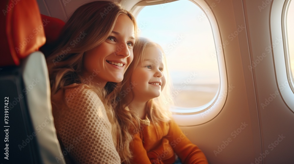 Traveling Mom and Daughter in Airplane Cabin: Vacation Flight