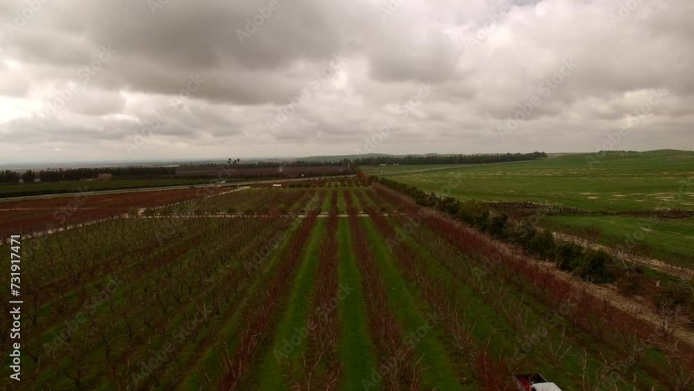 Aerial: Drone Forward Shot Of Vehicles Moving In Drought Agricultural Field On Hills Under Cloudy Sky - Bakersfield, California Aerial: Drone Forward Shot Of Vehicles Moving In Drought Agricultural Field On Hills Under Cloudy Sky - Bakersfield, California