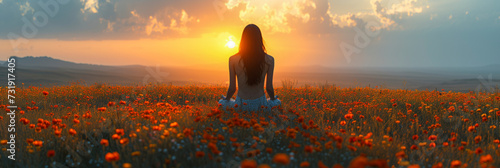 A girl sits in a flower meadow in a meditation pose and looks into the distance, a view from the back of a meditating girl in the mountains.
