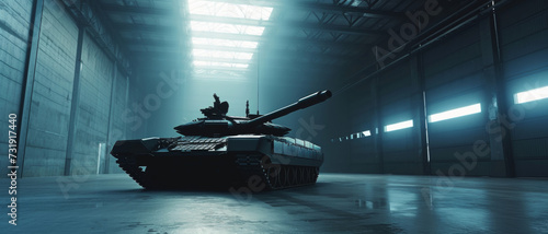 A sleek, modern tank stands ready in a vast, dimly-lit hangar, exuding power and readiness