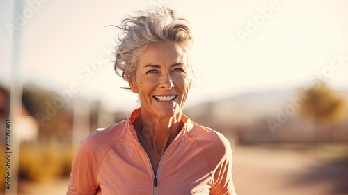 Morning Jog in Park: Middle-Aged Woman in Pink Tracksuit