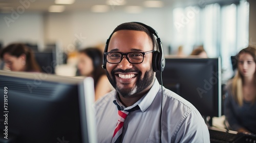 Smiling Online Assistant at Work: Dark Workspace