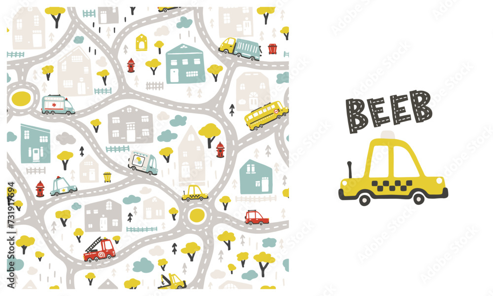 Map of kids city with roads and transport. Vector seamless pattern and illustration with taxi car in the set. Cartoon illustration in childish hand drawn scandinavian style. Ideal for baby clothes