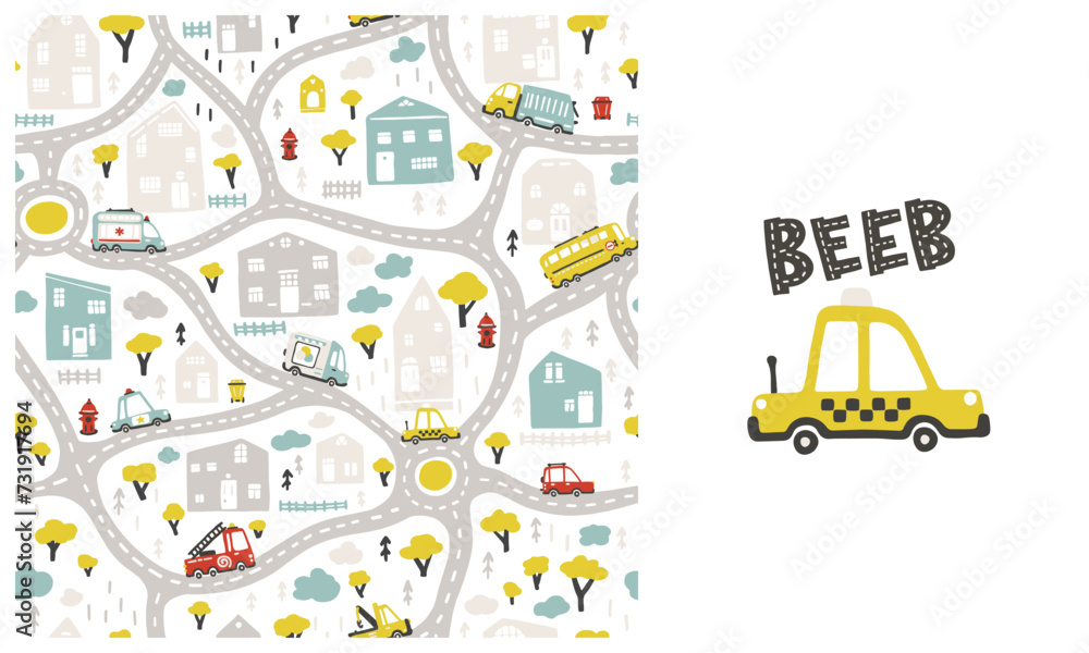 Naklejka premium Map of kids city with roads and transport. Vector seamless pattern and illustration with taxi car in the set. Cartoon illustration in childish hand drawn scandinavian style. Ideal for baby clothes