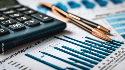 Capturing the essence of market recovery, this photo emphasizes the tools of financial analysis—graphs, calculators, and pens—against a backdrop of economic research.