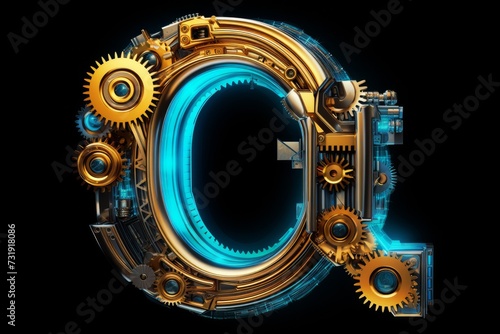 A Steampunk Letter Q With Gears Azure Gold. Concept Steampunk Fashion, Gear-Themed Accessories, Metallic Hues, Vintage-Inspired Letter Q, Azure And Gold Color Palette