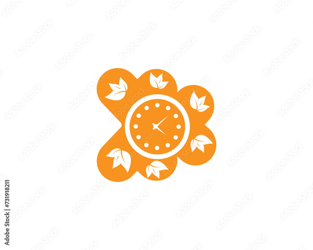 Fototapeta premium Vector clock and leaf logo combination. Time and eco symbol or icon. Unique express and organic logotype design template.