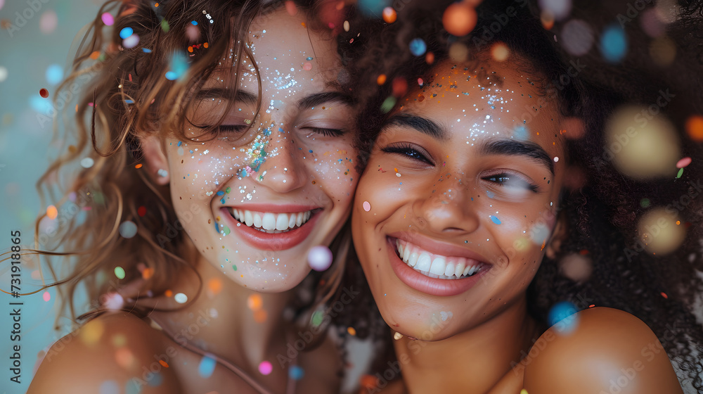 Two women dressed up, laughing and holding champagne glasses at a party. Confetti is falling around them. Two women dressed up, laughing and holding champagne glasses at a party. Confetti is falling around them.