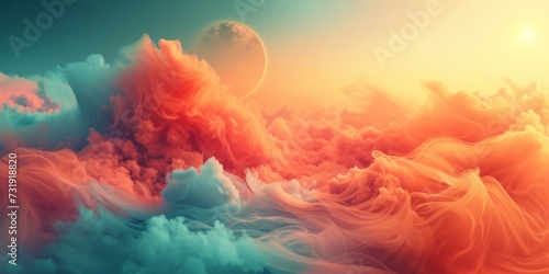 Colorful Silk Floating In Surreal Clouds Accompanied By Celestial Moon. Concept Dreamy Night Sky, Celestial Delight, Silk In The Clouds, Surreal Beauty