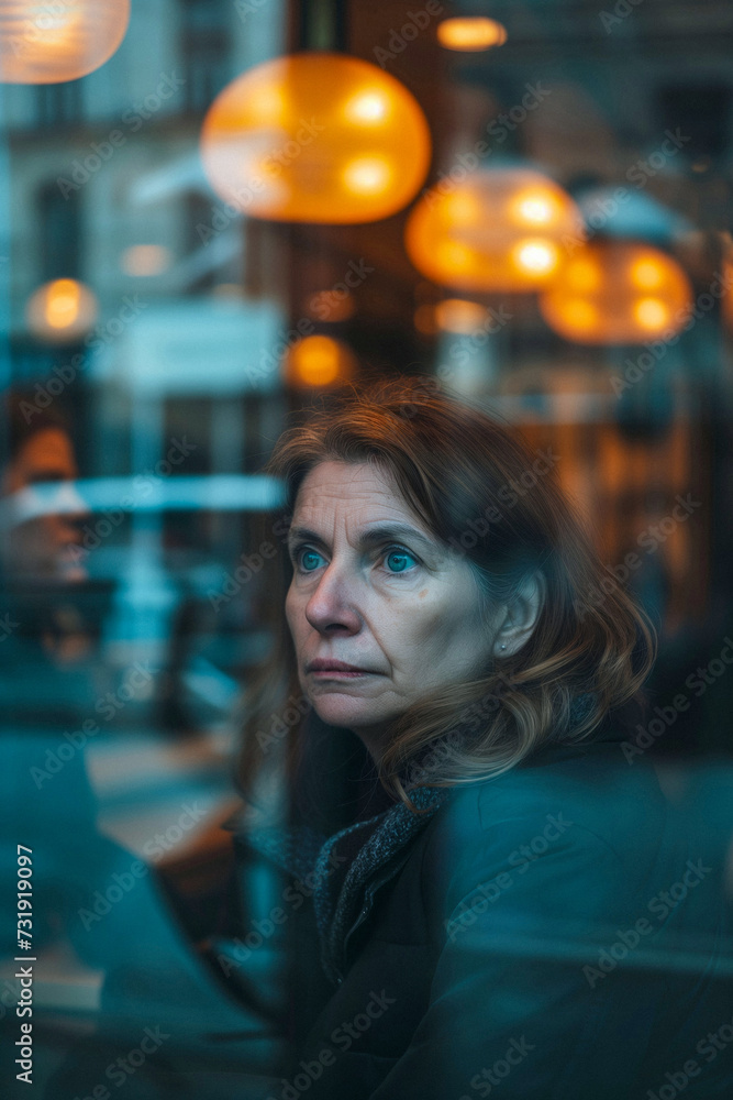 Obraz premium Woman looking through the glass of a coffee shop