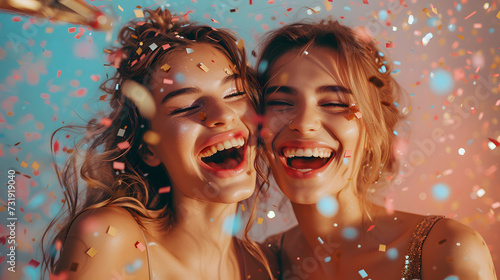 Two women dressed up, laughing and holding champagne glasses at a party. Confetti is falling around them.