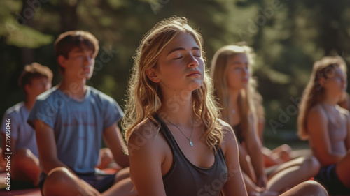 Group of teens practicing mindfulness in nature, promoting mental well-being, setting sun illuminating the side of her face 