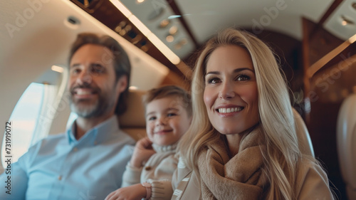 Blonde mother with family aboard a private plane, portraying the joy of family and jet setting with a luxurious aircraft interior.