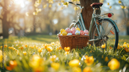Springtime Easter Egg Basket on Bicycle.
Basket full of colourful Easter eggs resting on a vintage bicycle in a vibrant spring park.