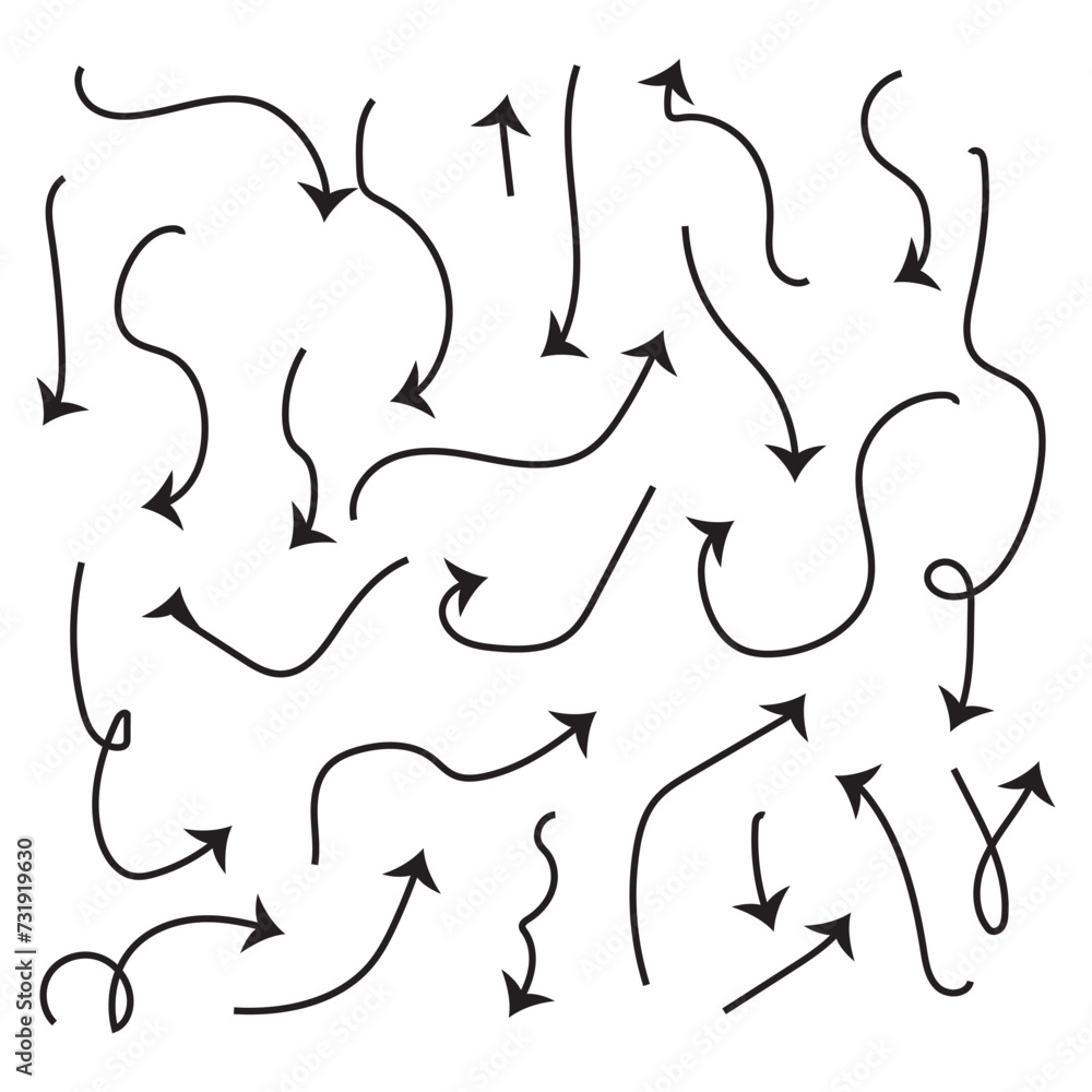 Doodle arrows. Hand drawn line pointers, pencil sketch elements, round curly wavy direction arrows. Vector linear black arrow set isolated on white background in eps 10. Doodle arrows. Hand drawn line pointers, pencil sketch elements, round curly wavy direction arrows. Vector linear black arrow set isolated on white background in eps 10.