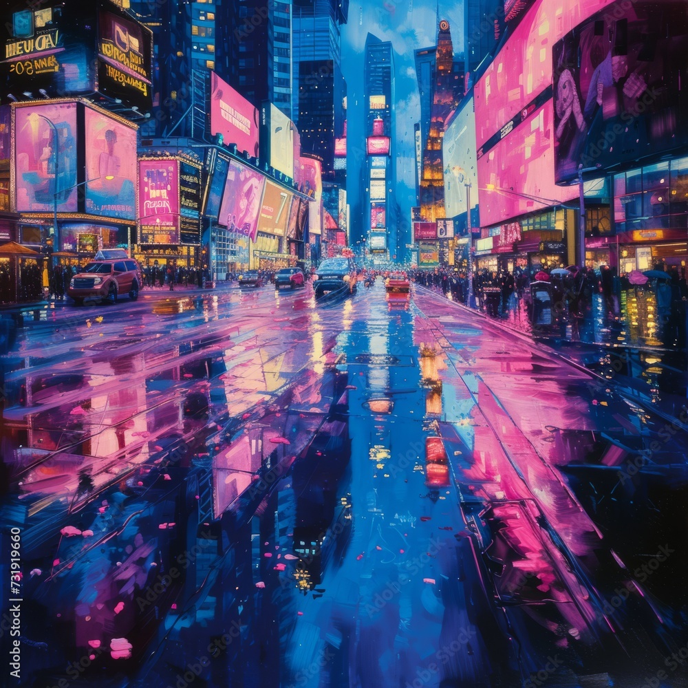 Glistening Cityscape Emerges From The Mesmerizing Reflection Of Vibrant Ads On Wet Pavement. Concept Rainy Urban Streets, Reflection Photography, Vibrant Advertising, Glistening Cityscape
