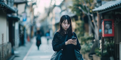 Walking, cellphone and Japanese woman in the city networking on social media or the internet. Phone, adventure and young female person commuting for travel in road of urban town