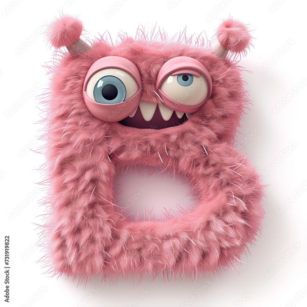 Letter B With Cute Fluffy Monster 3D Character Pink White Background. Concept Letter B Illustration, Fluffy Monster Character, 3D Design, Pink And White Background