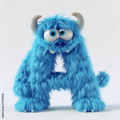 Adorable 3D Character Of Letter A  Fluffy Monster In Azure Color  Set Against A White Background. Concept Letter A Character  Fluffy Monster  Azure Color  White Background