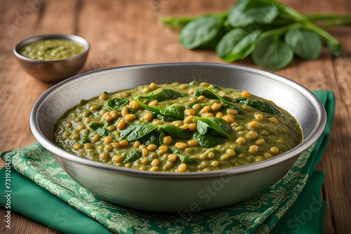 Indian red lentil spinach puree with flatbread on wooden background. Palak mong dal. Playground AI platform.