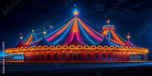 Creating A Magical Atmosphere: Nighttime Circus Tent Aglow With Colorful Lights. Concept Starry Night Skies, Enchanting Fairy Lights, Whimsical Circus Decor, Magical Fireworks, Mystical Performers