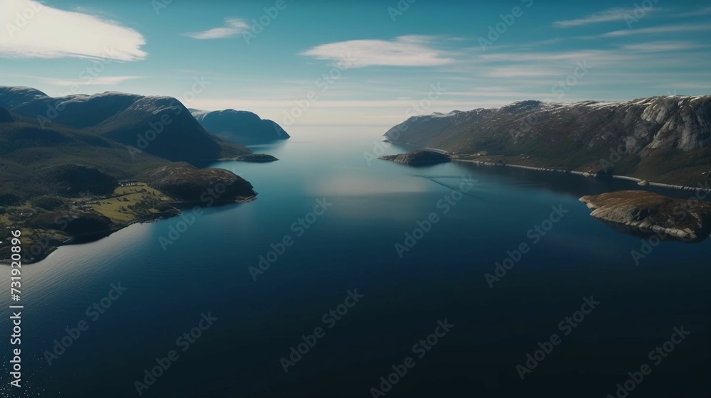 AI-generated illustration of A stunning aerial view of a picturesque fjord with lush green hills.
